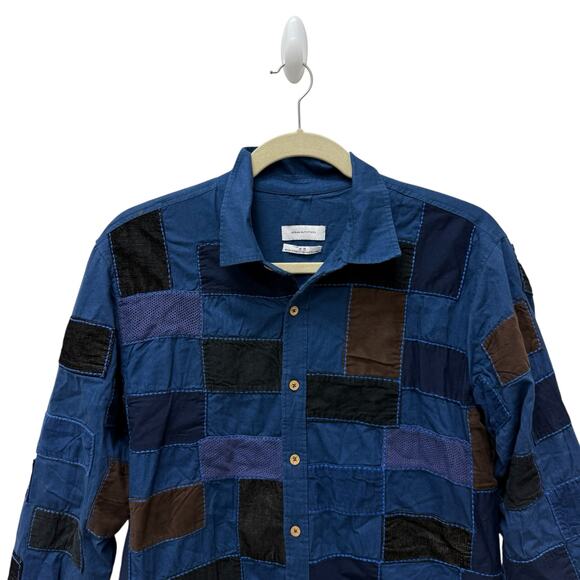 Urban Outfitters Mens Button Up Shirt Blue Patchwork Long Sleeve Size Medium - Picture 2 of 9